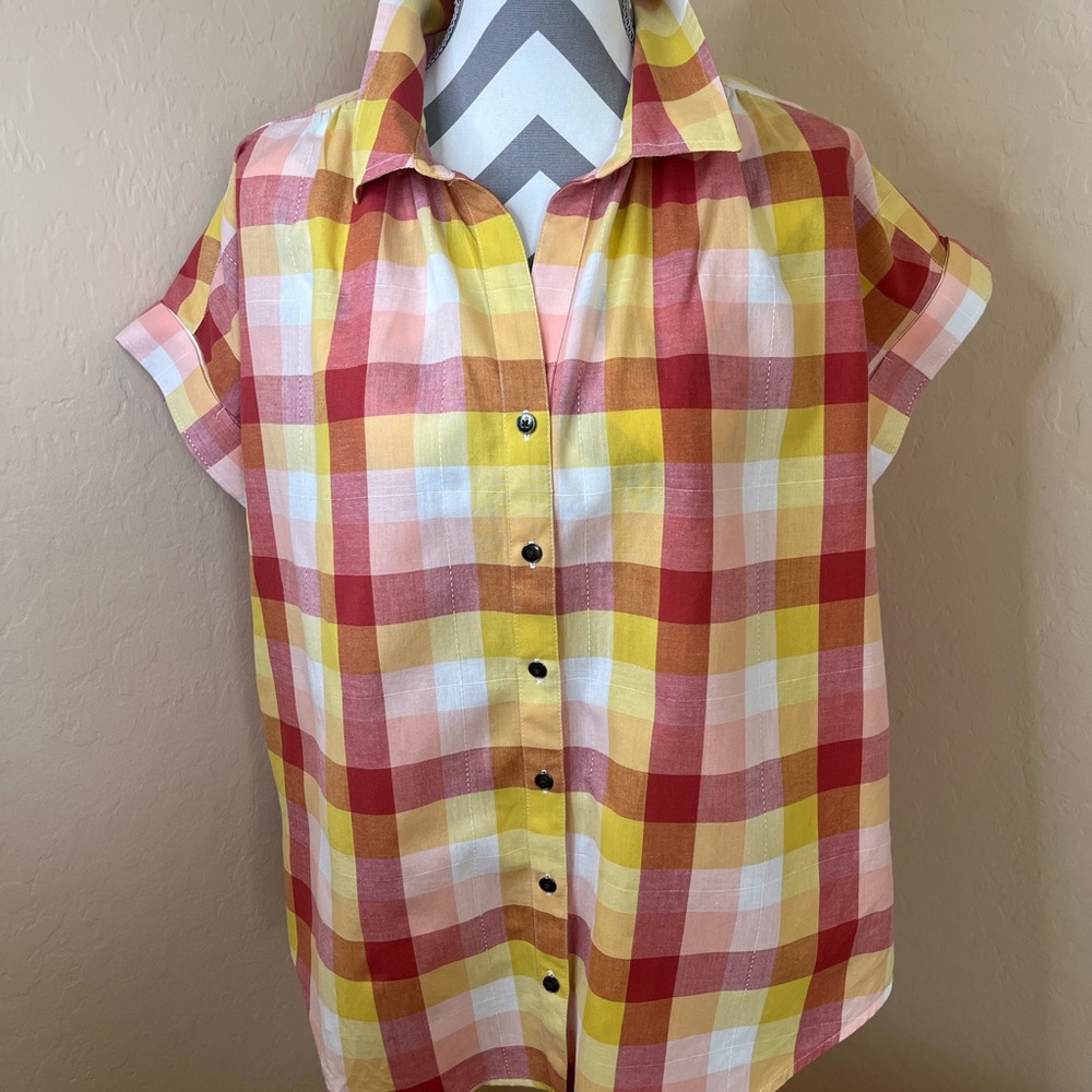 Caslon Multicolor Plaid Blouse - Red, Yellow, White